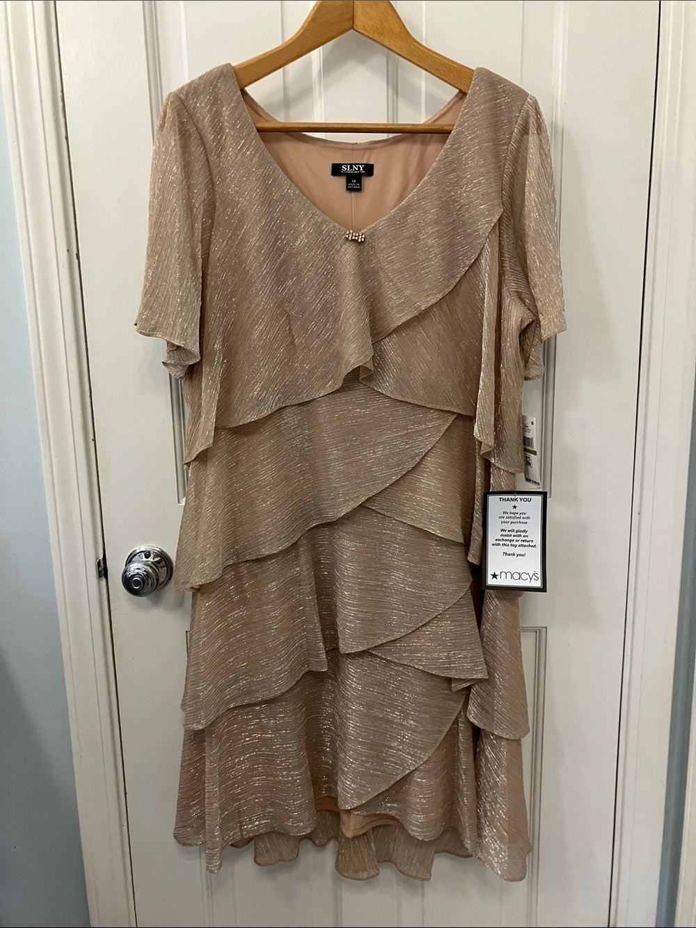 SLNY Macy's Layered Ruffle Midi Dress in Champagne Beige Gold size 14
